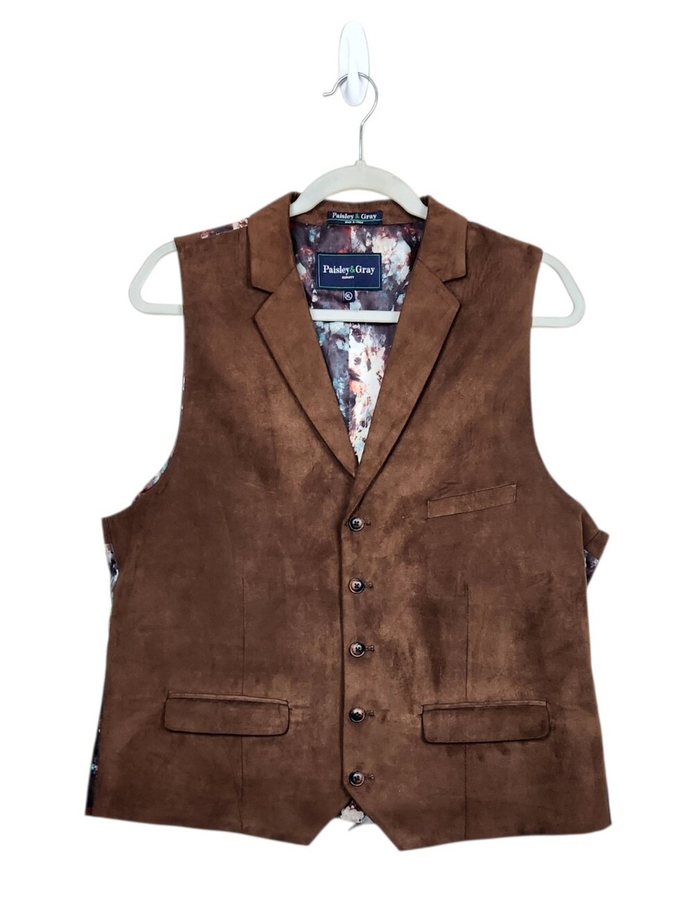 Paisley & Gray Brown Faux Suede Leather Owl Print Suit Vest Slim Fit Men Size XL